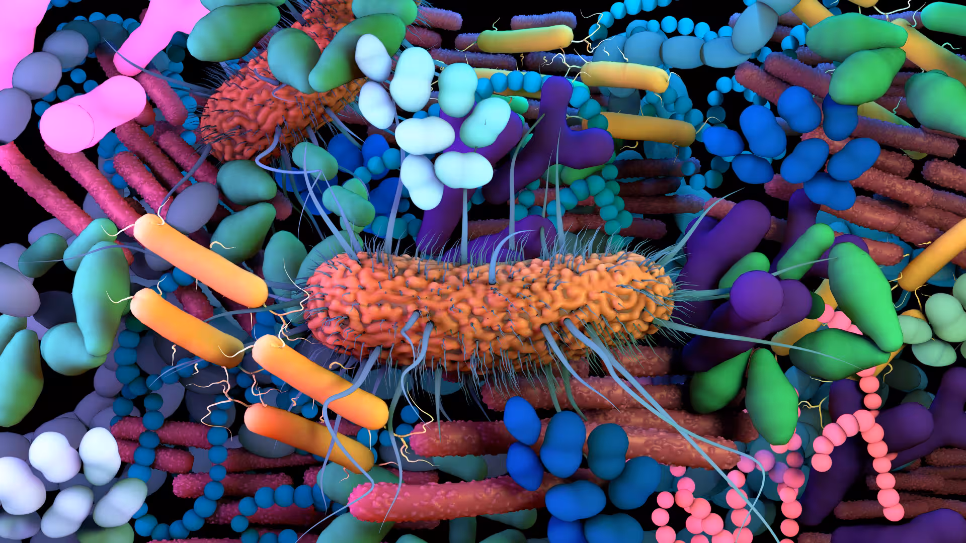 upclose picture of microbiome with various different coloured micro-organisms